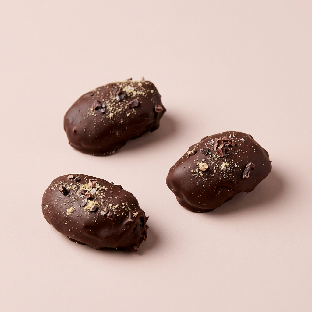 Whole chocolate-coated Maca Caramel Praline dates topped with maca, sea salt and cacao nibs